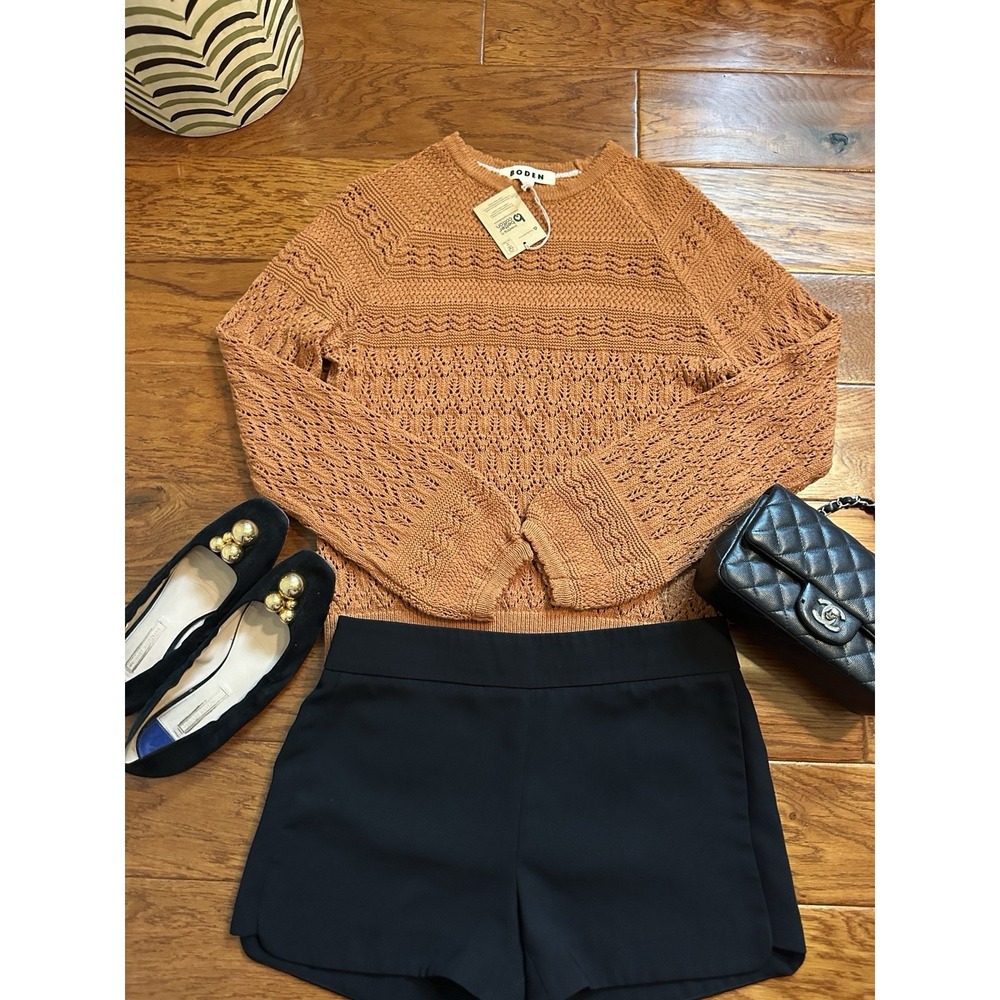NWT Boden Womens Rust Terracotta Pointelle Open Knit Cotton Sweater Size S